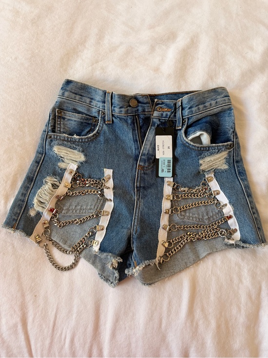 LF Pants - LF Blue Distressed Denim Shorts with Chain Lacing